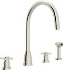 4-Hole Double Cross Handle Column Spout Kitchen Faucet with Sidespray in Polished Nickel