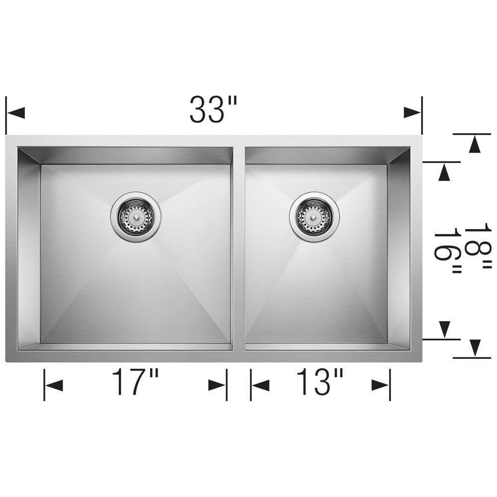 BLANCO Satin 33 x 18 in. No Hole Stainless Steel Double Bowl Undermount Kitchen Sink 