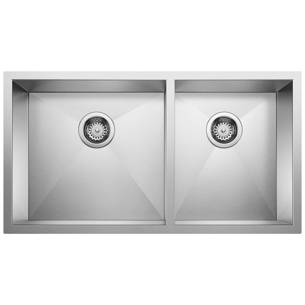 BLANCO Satin 33 x 18 in. No Hole Stainless Steel Double Bowl Undermount Kitchen Sink 