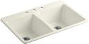 KOHLER Biscuit 33 x 22 in. 3 Hole Cast Iron Double Bowl Drop-in Kitchen Sink 