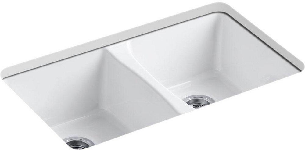 KOHLER White 33 x 22 in. 5 Hole Cast Iron Double Bowl Undermount Kitchen Sink 