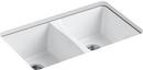 KOHLER White 33 x 22 in. 5 Hole Cast Iron Double Bowl Undermount Kitchen Sink 