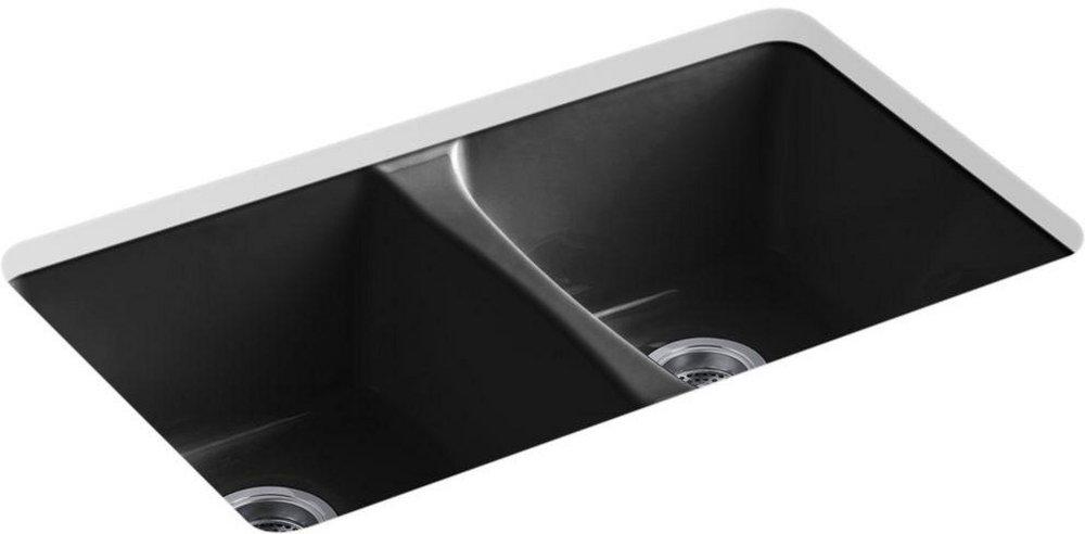 KOHLER Black Black&trade; 33 x 22 in. 5 Hole Cast Iron Double Bowl Undermount Kitchen Sink 