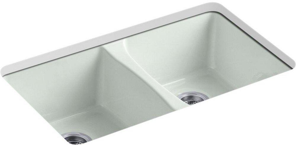 KOHLER Sea Salt&trade; 33 x 22 in. 5 Hole Cast Iron Double Bowl Undermount Kitchen Sink 