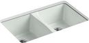 KOHLER Sea Salt&trade; 33 x 22 in. 5 Hole Cast Iron Double Bowl Undermount Kitchen Sink 