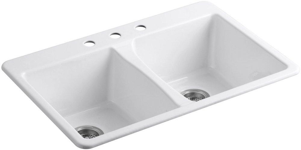 KOHLER White 33 x 22 in. 3 Hole Cast Iron Double Bowl Drop-in Kitchen Sink 