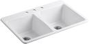 KOHLER White 33 x 22 in. 3 Hole Cast Iron Double Bowl Drop-in Kitchen Sink 
