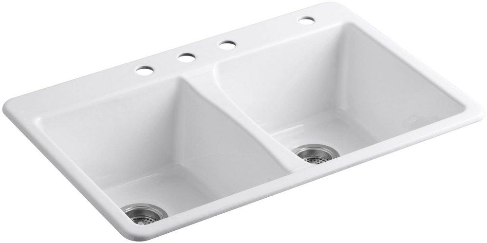 KOHLER White 33 x 22 in. 4 Hole Cast Iron Double Bowl Drop-in Kitchen Sink 