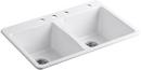 KOHLER White 33 x 22 in. 4 Hole Cast Iron Double Bowl Drop-in Kitchen Sink 