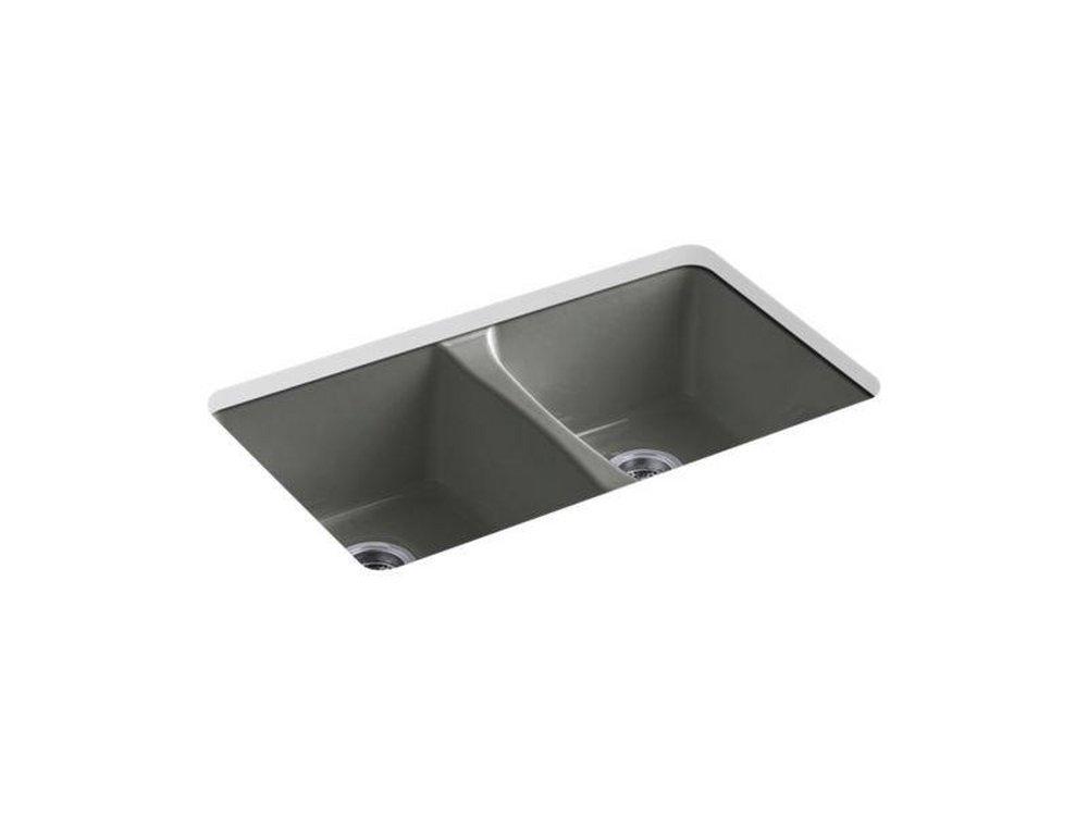 KOHLER Thunder&trade; Grey 33 x 22 in. 5 Hole Cast Iron Double Bowl Undermount Kitchen Sink 