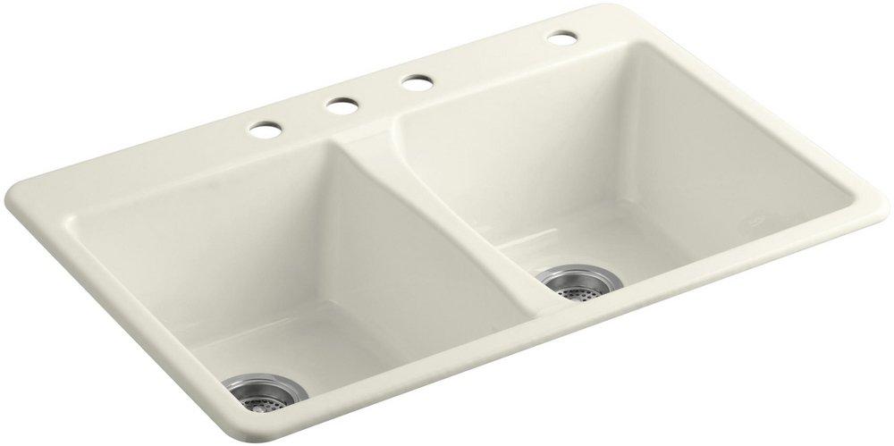 KOHLER Biscuit 33 x 22 in. 4 Hole Cast Iron Double Bowl Drop-in Kitchen Sink 