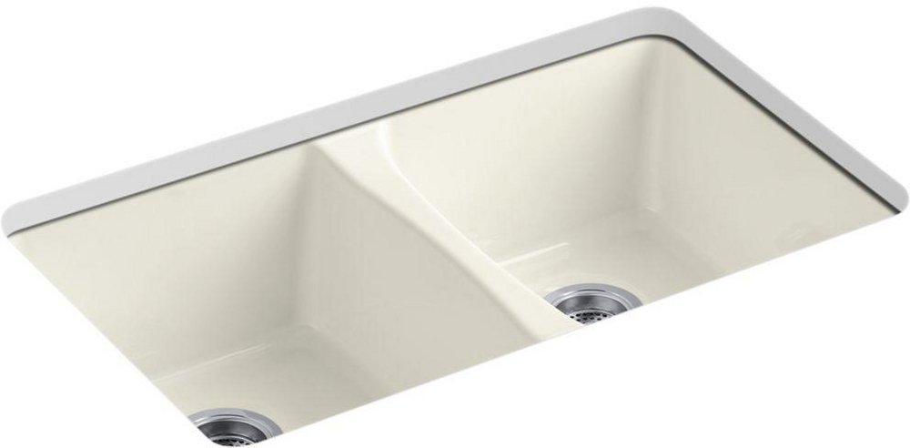 KOHLER Biscuit 33 x 22 in. 5 Hole Cast Iron Double Bowl Undermount Kitchen Sink 