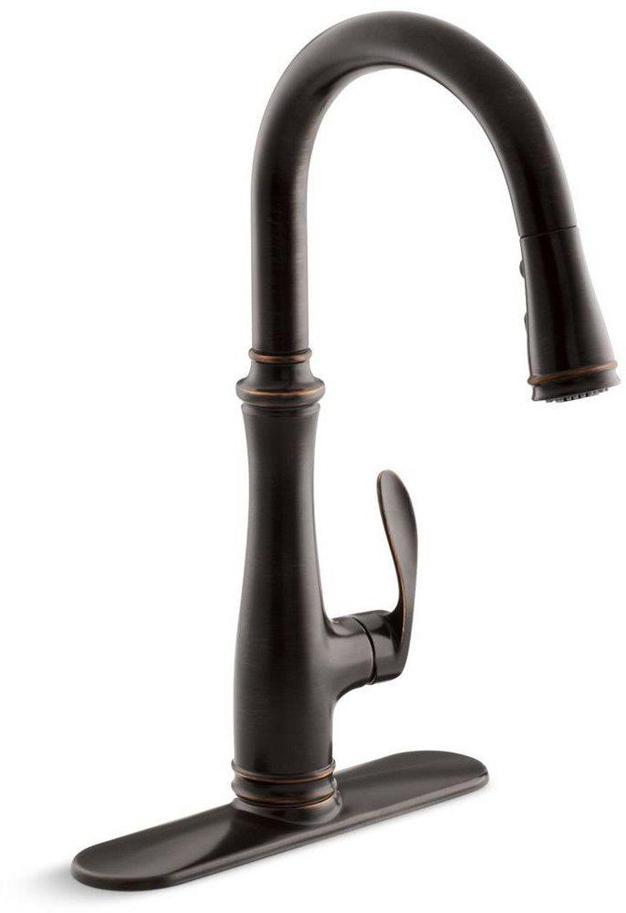 KOHLER Oil Rubbed Bronze Single Handle Pull Down Kitchen Faucet with Three-Function Spray, Magnetic Docking and Sweep Spray Technology 