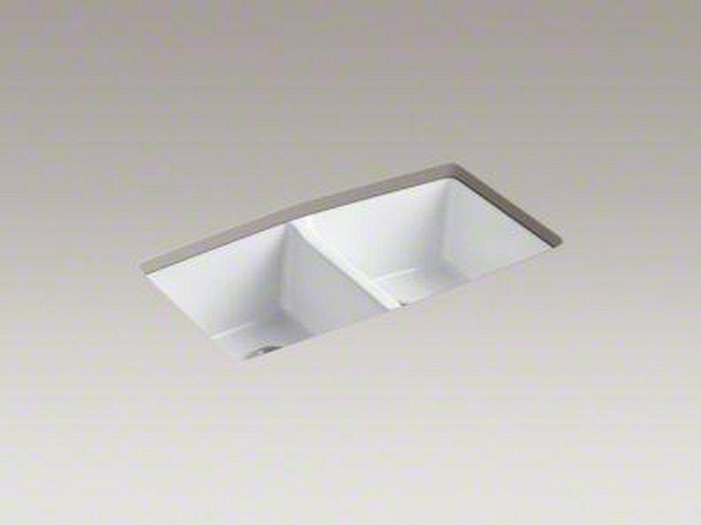 KOHLER White 33 x 22 in. 5 Hole Cast Iron Double Bowl Undermount Kitchen Sink 