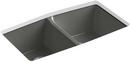 KOHLER Thunder&trade; Grey 33 x 22 in. 5 Hole Cast Iron Double Bowl Undermount Kitchen Sink 