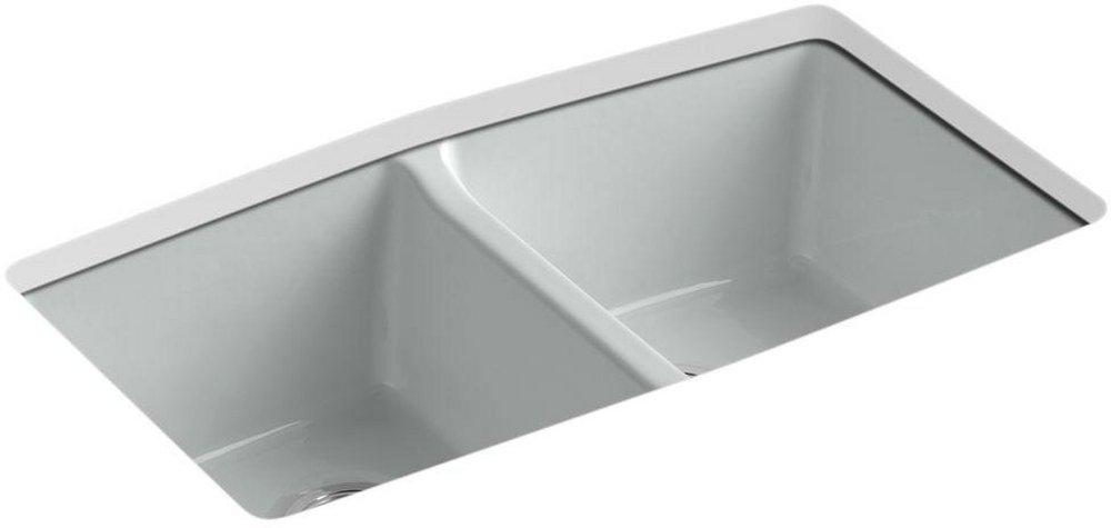 KOHLER Ice&trade; Grey 33 x 22 in. 5 Hole Cast Iron Double Bowl Undermount Kitchen Sink 