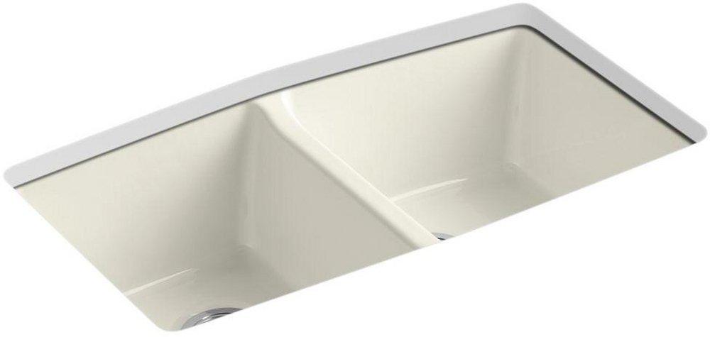 KOHLER Biscuit 33 x 22 in. 5 Hole Cast Iron Double Bowl Undermount Kitchen Sink 