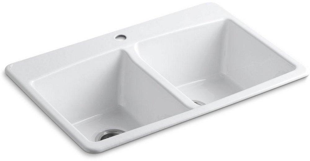 KOHLER White 33 x 22 in. 1 Hole Cast Iron Double Bowl Drop-in Kitchen Sink 