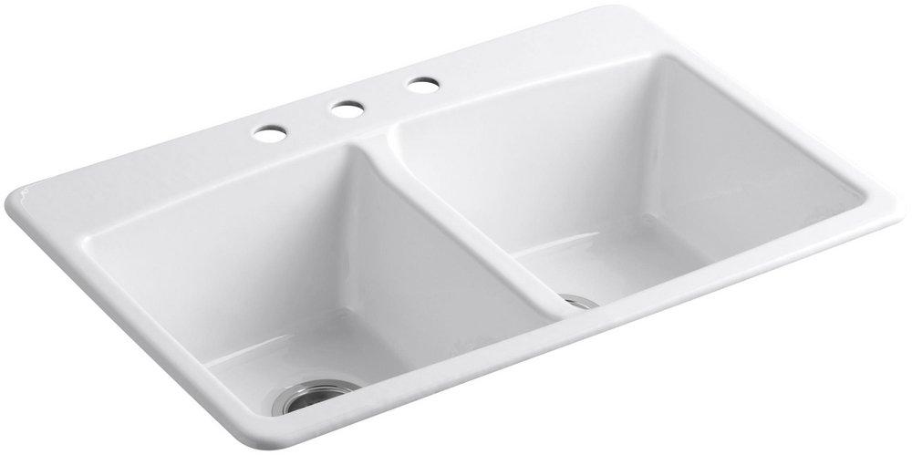 KOHLER White 33 x 22 in. 3 Hole Cast Iron Double Bowl Drop-in Kitchen Sink 