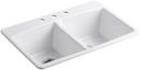 KOHLER White 33 x 22 in. 3 Hole Cast Iron Double Bowl Drop-in Kitchen Sink 