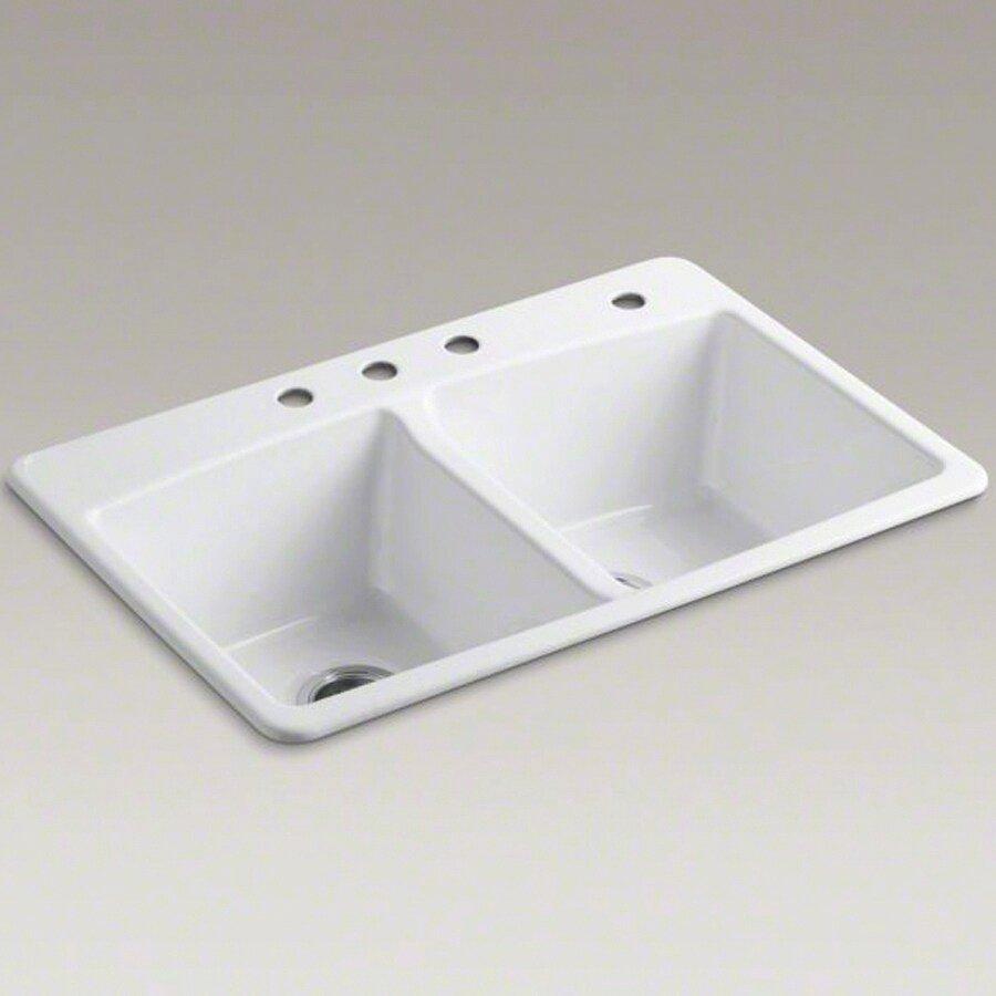 KOHLER White 33 x 22 in. 4 Hole Cast Iron Double Bowl Drop-in Kitchen Sink 