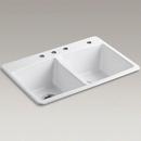 KOHLER White 33 x 22 in. 4 Hole Cast Iron Double Bowl Drop-in Kitchen Sink 