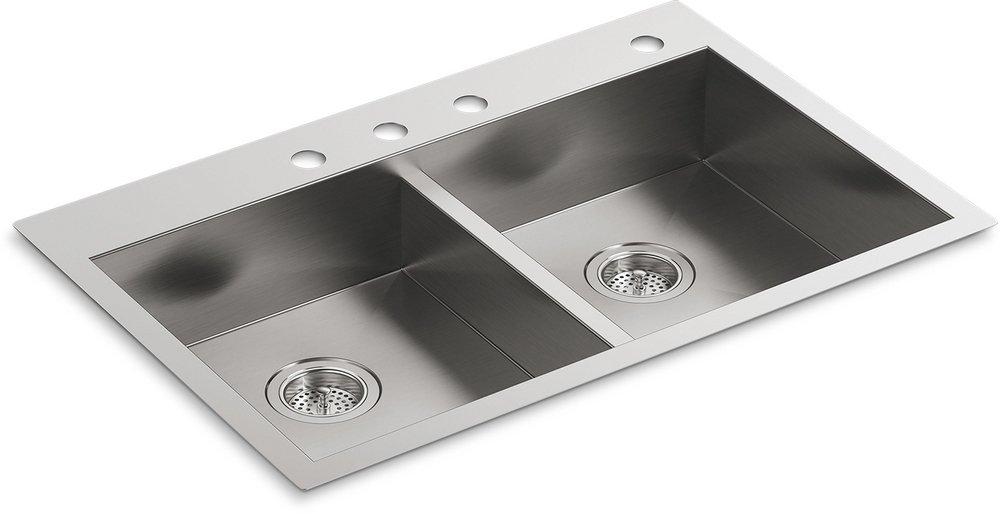 KOHLER Stainless Steel 33 x 22 in. 4 Hole Stainless Steel Double Bowl Dual Mount Kitchen Sink 