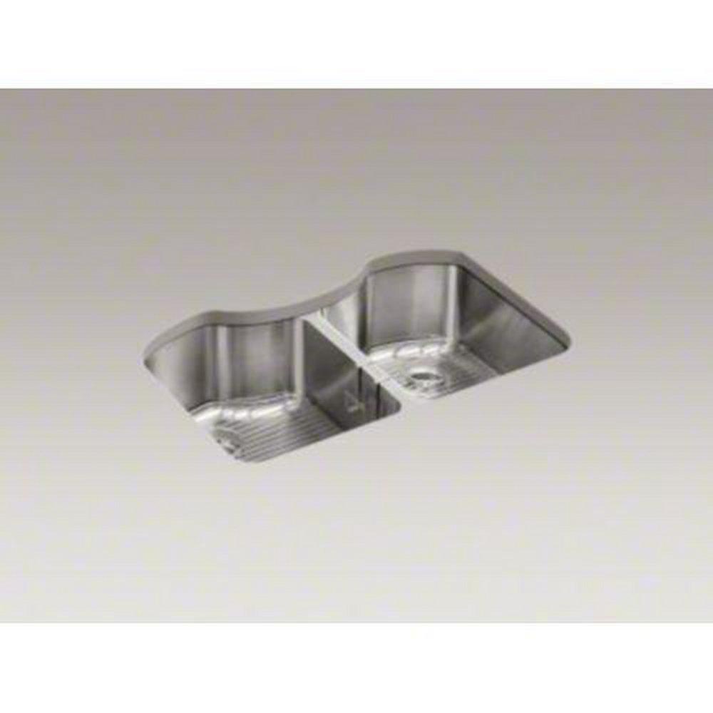 KOHLER Stainless Steel 32 x 20-1/4 in. No Hole Double Bowl Undermount Kitchen Sink 