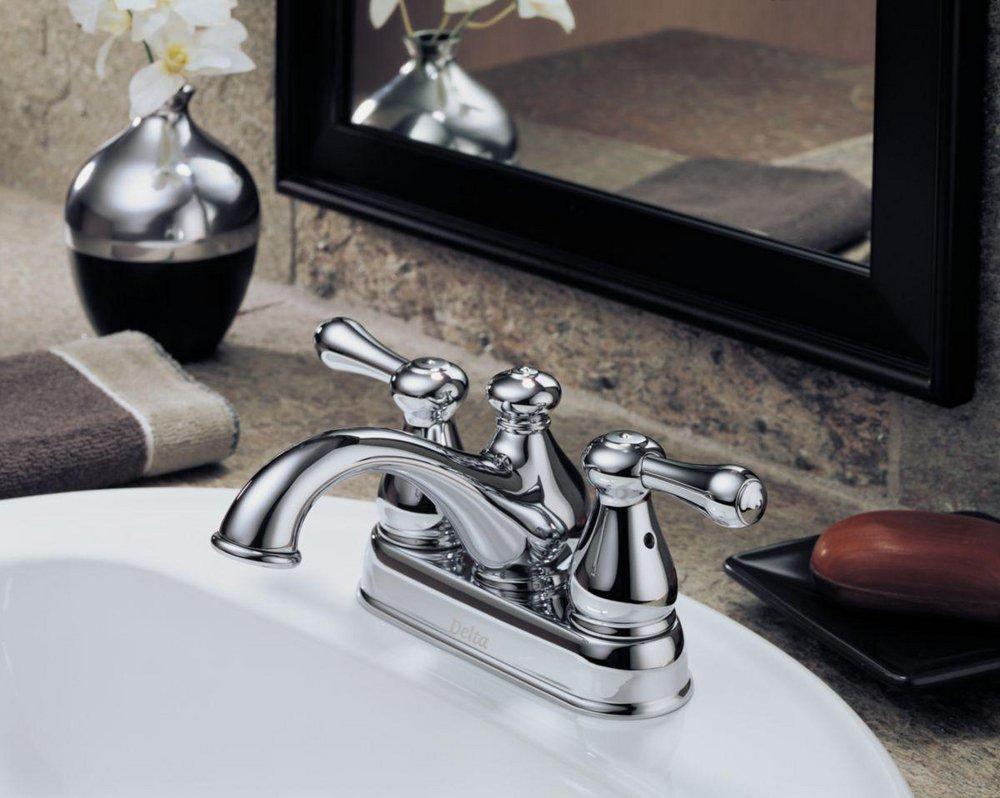 Delta Faucet Brilliance&reg; Stainless Centerset Bathroom Sink Faucet with Metal Pop-Up Drain and Double Lever Handle 