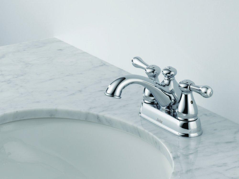 Delta Faucet Brilliance&reg; Stainless Centerset Bathroom Sink Faucet with Metal Pop-Up Drain and Double Lever Handle 