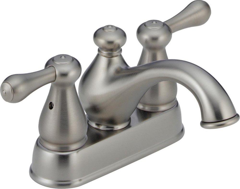 Delta Faucet Brilliance&reg; Stainless Centerset Bathroom Sink Faucet with Metal Pop-Up Drain and Double Lever Handle 
