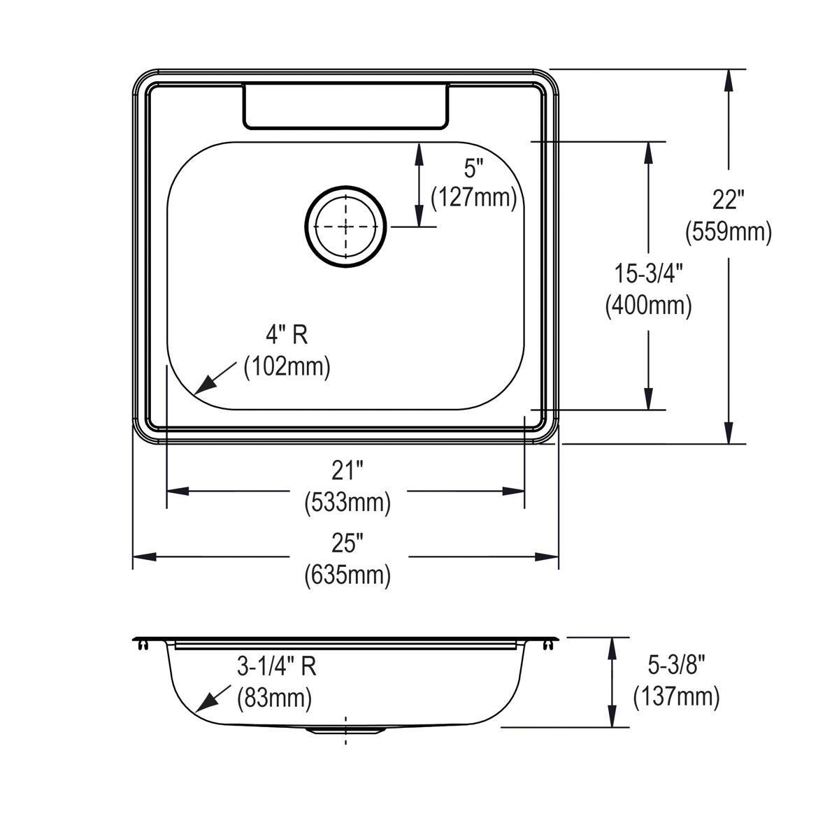 Dayton Satin 25 x 22 in. Stainless Steel Single Bowl Drop-in Kitchen Sink in Satin 