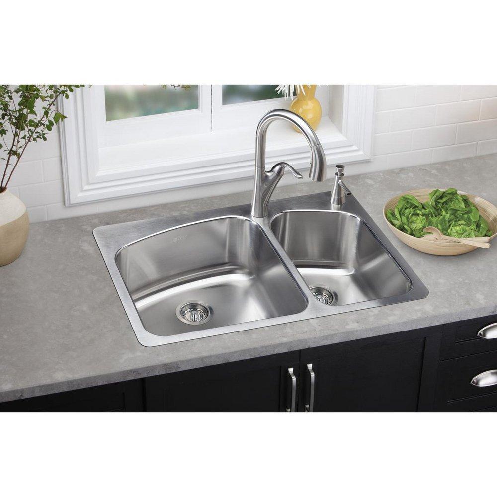 Dayton Premium Highlighted Satin 33 x 22 in. 1 Hole Stainless Steel Double Bowl Dual Mount Kitchen Sink 