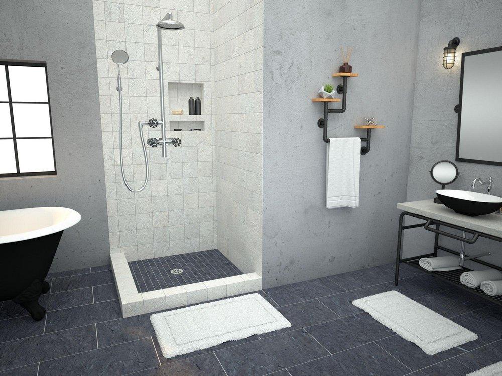 Tile Redi USA Polished Chrome 42 x 42 in. Double Curb Shower Base with Center Drain in Black 