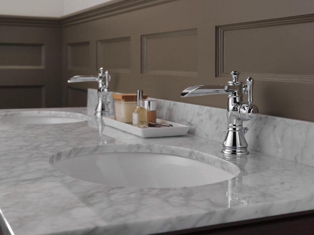 Delta Faucet Chrome Single Handle Centerset Waterfall Bathroom Sink Faucet with Pop-Up Drain Assembly 