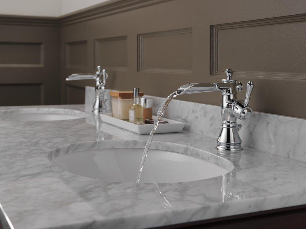 Delta Faucet Chrome Single Handle Centerset Waterfall Bathroom Sink Faucet with Pop-Up Drain Assembly 