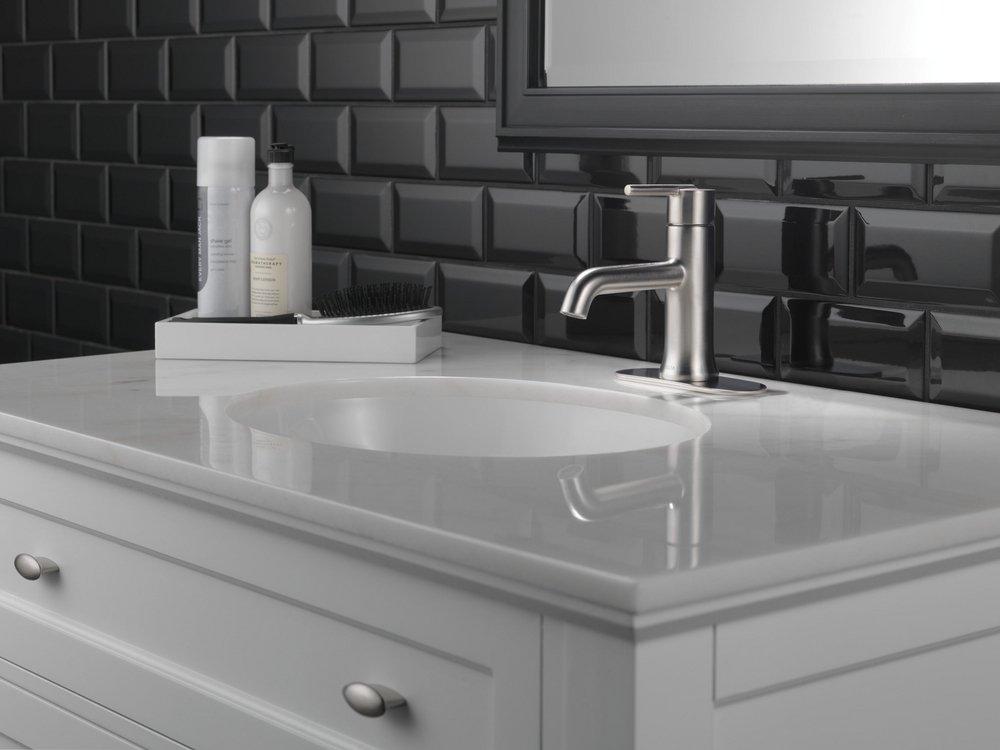 Delta Faucet Brilliance Stainless Single Handle Monoblock Bathroom Sink Faucet with Metal Pop-Up Drain Assembly 