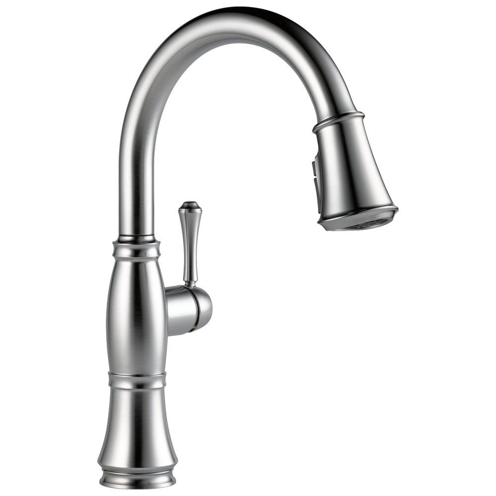 Delta Faucet Arctic Stainless Single Handle Pull Down Kitchen Faucet with Three-Function Spray, Magnetic Docking and ShieldSpray Technology 