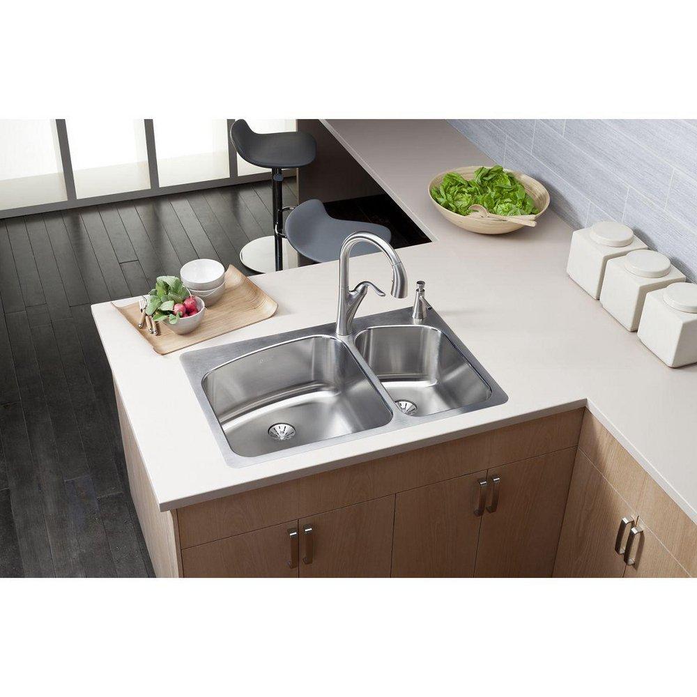 Elkay Lustertone 33 x 22 in. 2 Hole Stainless Steel Double Bowl Dual Mount Kitchen Sink 