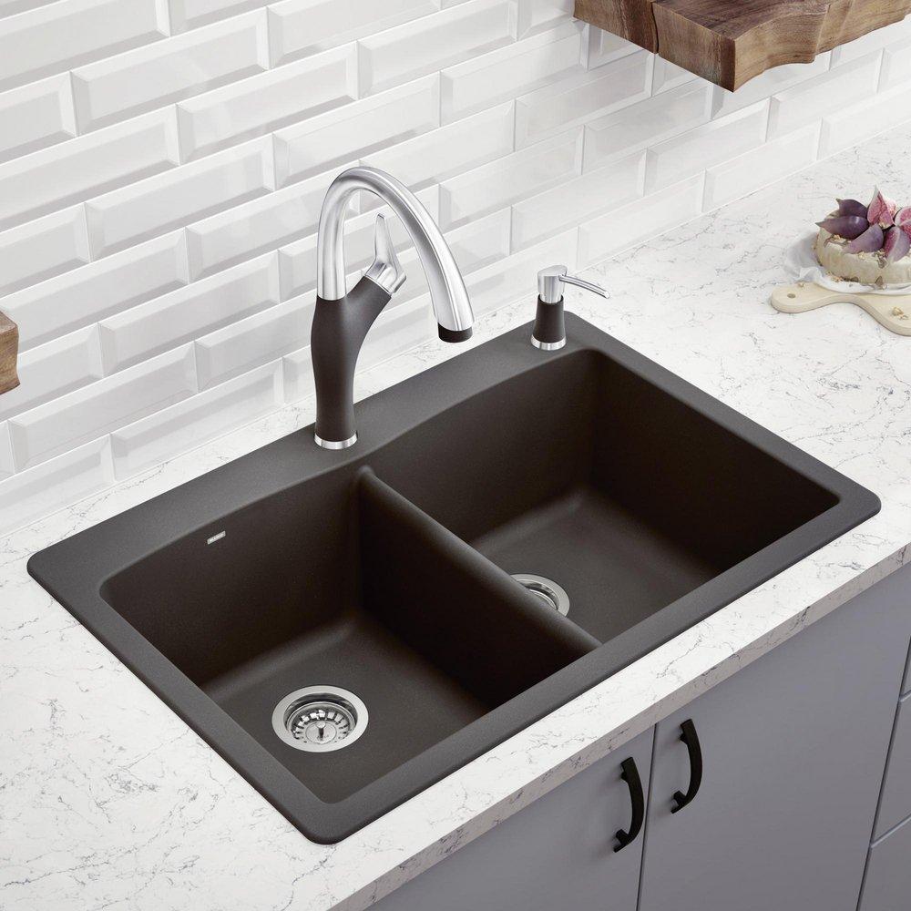 BLANCO Cinder 33 x 22 in. 1 Hole Composite Double Bowl Dual Mount Kitchen Sink 