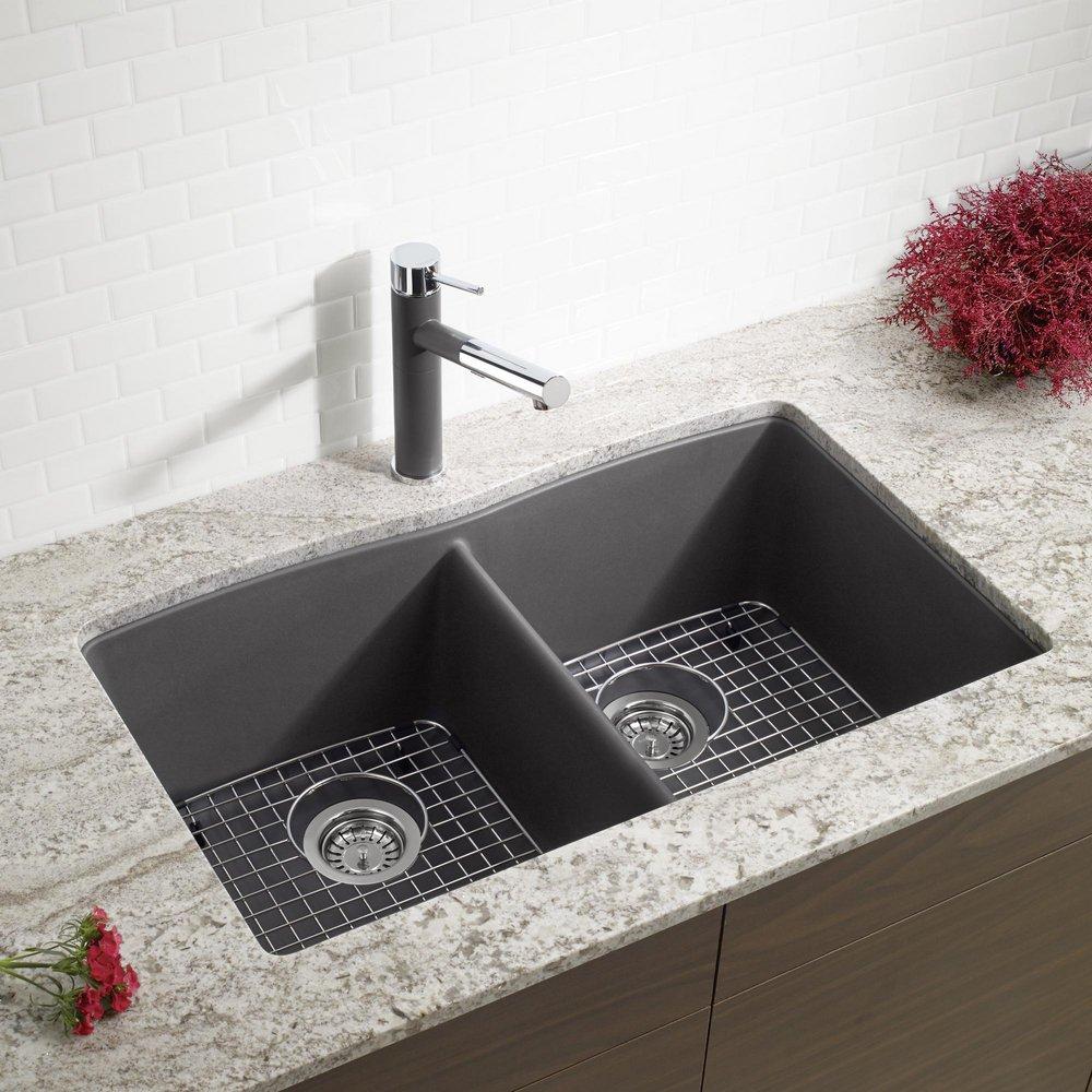 BLANCO Cinder 32 x 19-1/4 in. No Hole Composite Double Bowl Undermount Kitchen Sink 
