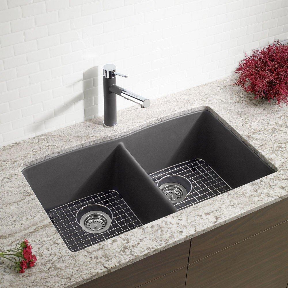 BLANCO Cinder 32 x 19-1/4 in. No Hole Composite Double Bowl Undermount Kitchen Sink 