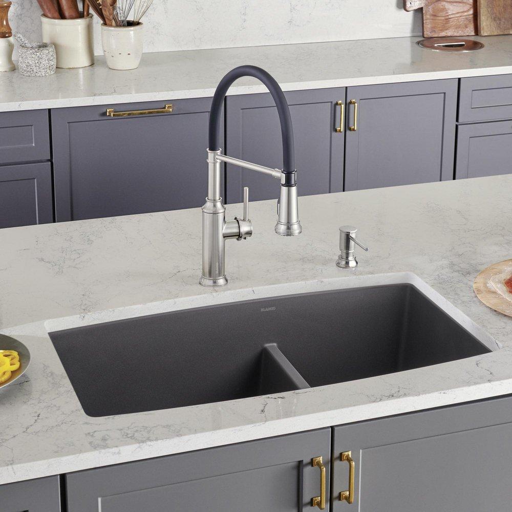 BLANCO Cinder 33 x 19 in. No Hole Composite Double Bowl Undermount Kitchen Sink 