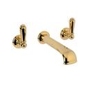 Wall Mount Bathroom Sink Faucet with Double Metal Lever Handle in Inca Brass