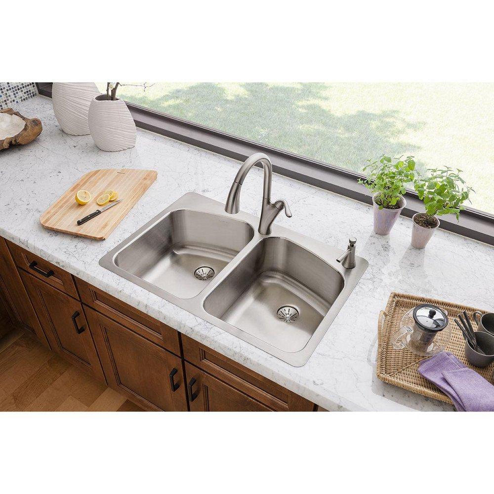 Elkay Lustertone 2-Hole Double Bowl Self-rimming or Drop-in Stainless Steel Dual Mount Kitchen Sink 