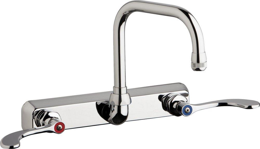 Chicago Faucets Polished Chrome 2.2 gpm 3 Hole Wall Mount Metering Hot and Cold Water Workboard Sink Faucet with Double Wristblade Handle 