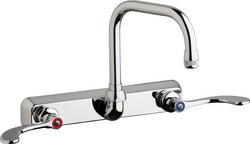 2.2 gpm 3 Hole Wall Mount Metering Hot and Cold Water Workboard Sink Faucet with Double Wristblade Handle in Polished Chrome