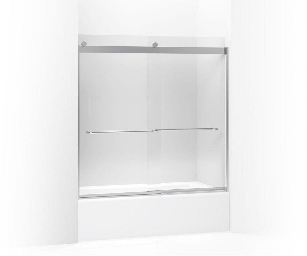 KOHLER Bright Silver 57 in. Sliding Bath Door with 1/4 in. Crystal Clear Glass and Towel Bar 