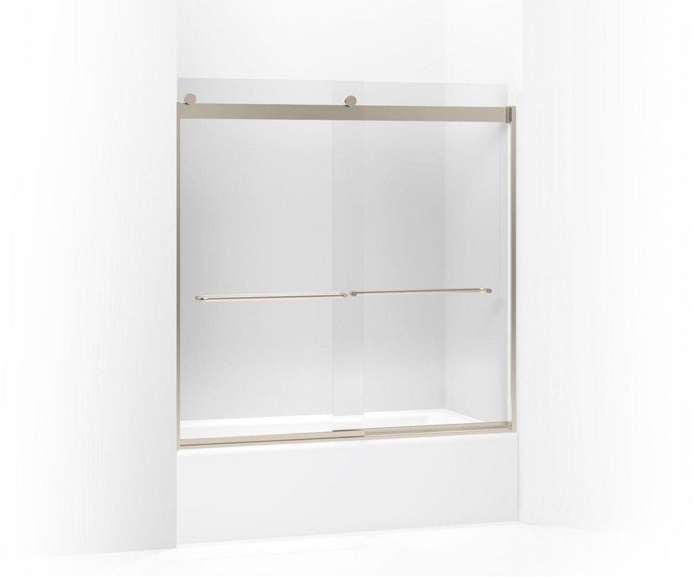 KOHLER Anodized Brushed Bronze 59-3/4 x 59-5/8 in. Sliding Bath Door with 1/4 in. Crystal Clear Glass and Towel Bar 