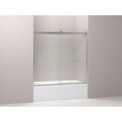 56-5/8 in. Sliding Bath Door with 1/4 in. Frosted Glass and Towel Bar in Matte Nickel